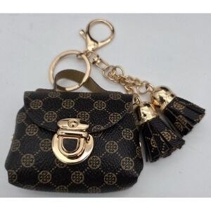 Mini Bag Charm w/ Tassels Key Holder Will Hold Earphones Goldtone Hardware #0348
